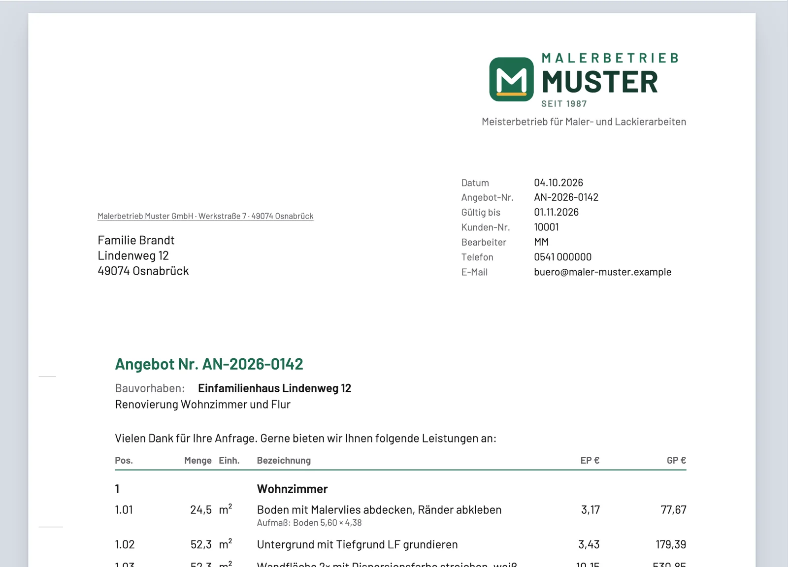 PDF-Vorschau eines Angebots im Briefbogen eines Malerbetriebs mit Logo und Hausfarbe